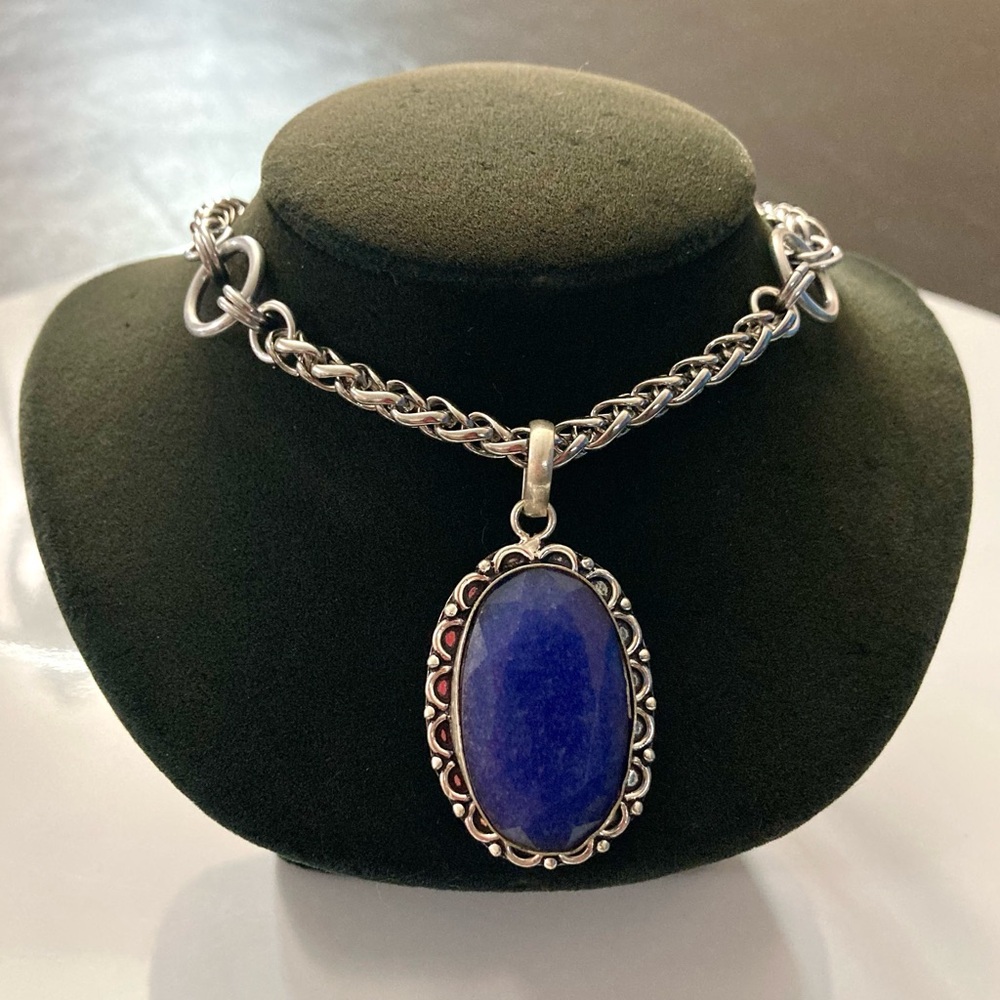 Genuine dark blue lapis lazuli oval gemstone boho charm silver necklace - Picture 12 of 13